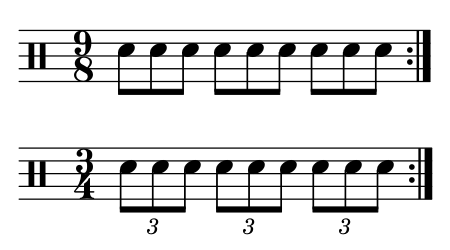 En haut : 9 croches dans un mesure 9/8. En bas : 3 triolets
				de croches dans une mesure 3/4.